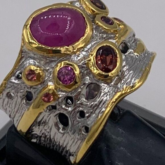 Ring, NWOT, solid 925 sterling silver, 22 K gold, orange sapphires and rubies, - Picture 6 of 15